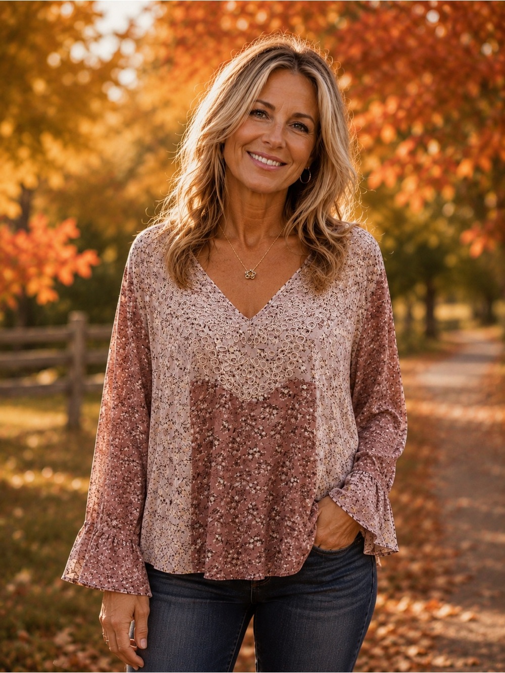 Women's V-Neck Floral Tunic Top in Dusty Rose - Picture 2 of 10